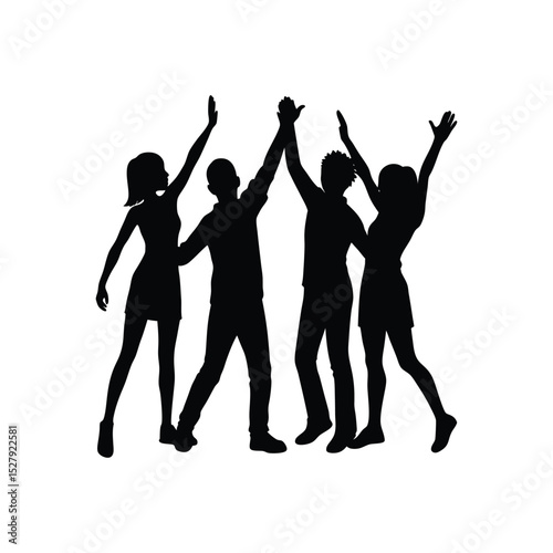silhouette vector illustration of Group of friends high-fiving on white background 