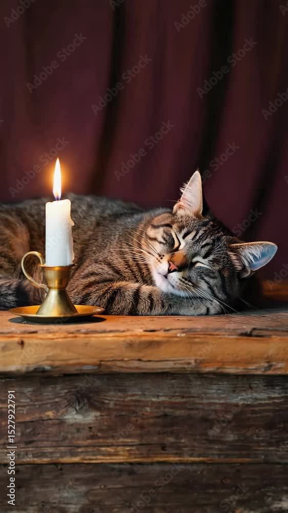 sleeping cat rests near a flickering candle on a rustic table.