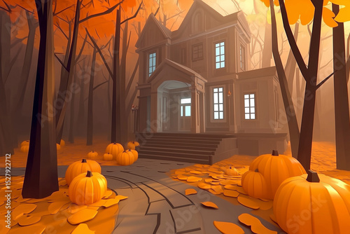 A haunted house with pumpkins in a spooky forest
