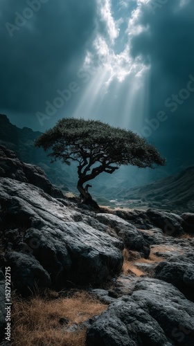 Solitary Twisted Tree on a Rocky Hill Beneath Dramatic Clouds