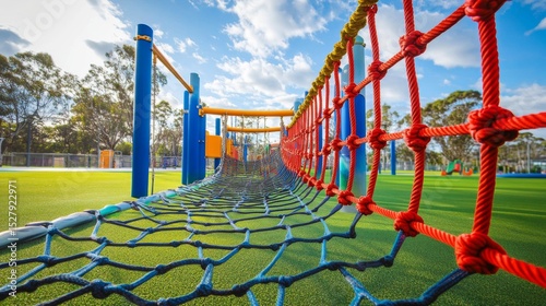 Climbing ropes and net structures in a colorful playground, ideal for adventurous play, with green grass all around.