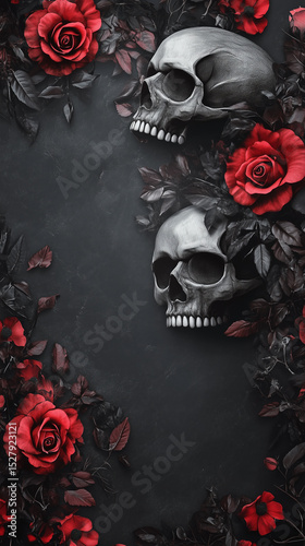 Dark and moody baroque background for Halloween with skulls, flowers, and copy space