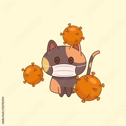 Vector illustration of a cat wearing a mask surrounded by viruses, graphic design for zoonotic diseases