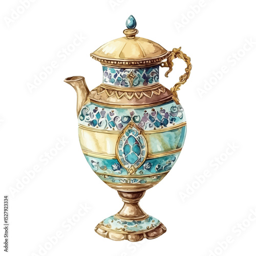 watercolor of Oriental Samovar With Turquoise Inlay, vector high quality, isolated on a white background.