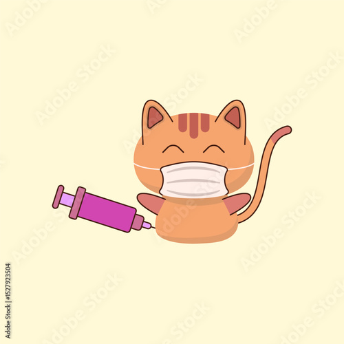 Vector illustration of a cat wearing a mask being injected, graphic design for zoonotic diseases