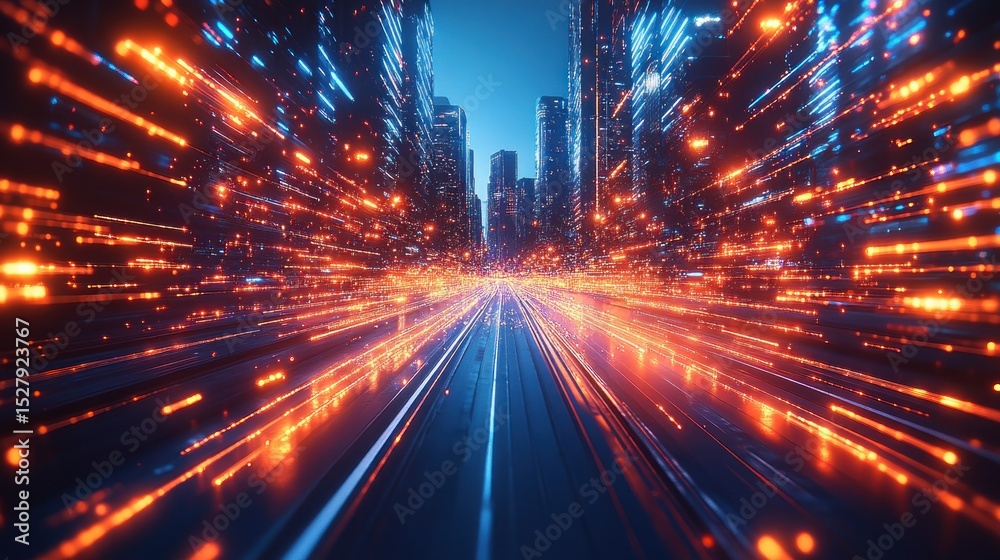 Fototapeta premium Futuristic city street with glowing lines and high speed motion blur.