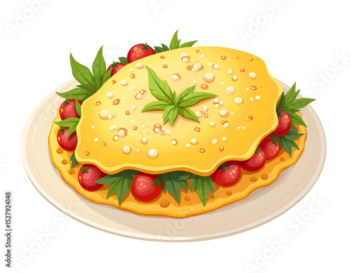 Delicious Omelet with Fresh Tomatoes and Basil Leaves on a White Plate