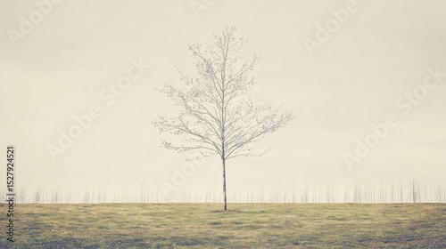Solitary Tree with White Leaves in a Serene Open Field Under Blue Sky