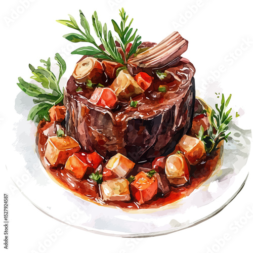 Osso Buco, watercolor painting vector, high quality, isolated on a white background.