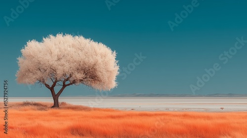 Solitary Tree with White Leaves in a Serene Open Field Under Blue Sky