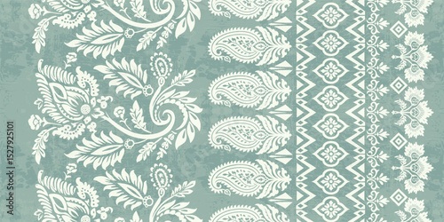 floral pattern vintage ethnic modern embroidery texture boho design vector illustration hand drawn pink flower motif branches leaves wallpaper seamless background border.