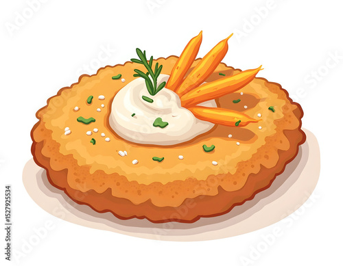 Crispy breaded cutlet with creamy sauce and carrot garnish, a flavorful dish