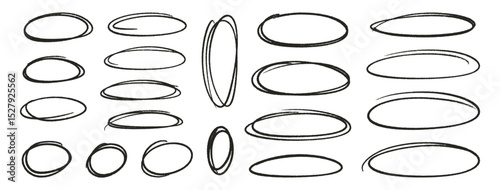 Crayon outline ovals or ellipses set. Pencil hand drawn emphasis elements, freehand line art black frames. Doodle style chalk sketches, round shapes on white background. Vector illustration