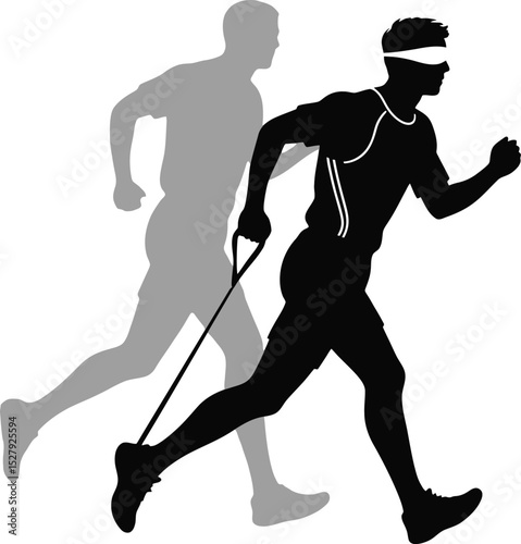 A silhouette image depicting a blindfolded man running with a guide runner using a tethering system