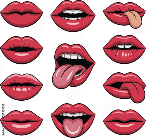 "Expressive Lips Collection: Various Mouth Poses with Red Lipstick for Emotion and Communication Illustration"