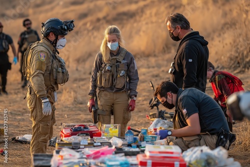 Emergency responders wearing masks organize medical supplies in a dry, outdoor area during a rescue or training operation.