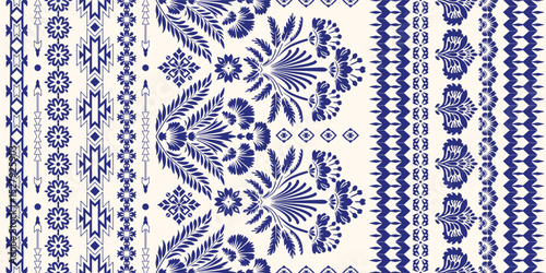floral pattern vintage ethnic modern embroidery texture boho design vector illustration hand drawn pink flower motif branches leaves wallpaper seamless background border.