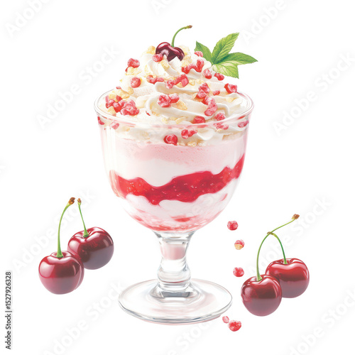 Wallpaper Mural Cherry Parfait Delight: A decadent parfait with layers of fresh cherries, rich cream, and a sprig of mint, presented in an elegant glass, a delightful visual treat. Torontodigital.ca