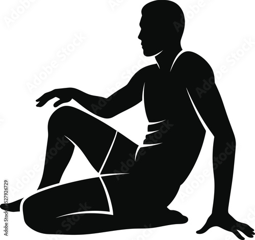 A silhouette of a man sitting on the ground with one hand extended and legs crossed at the knees