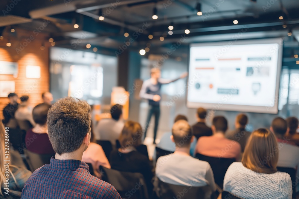 Fototapeta premium A group of people attentively listens to a presenter speaking in front of a large screen in a modern conference room.