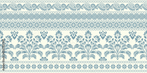 floral pattern vintage ethnic modern embroidery texture boho design vector illustration hand drawn pink flower motif branches leaves wallpaper seamless background border.