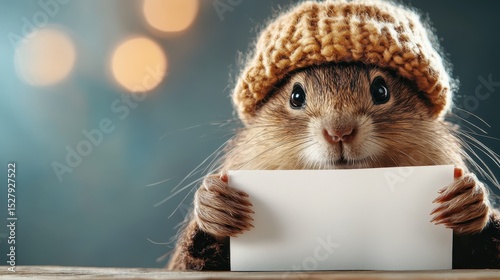 An adorable animal wearing a cozy knit hat holds a blank sign, offering a whimsical and charming view that evokes feelings of warmth, playfulness, and endearment in viewers.