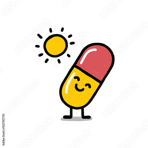  charming cartoon of smiling pill enjoying sunshine isolated on white background