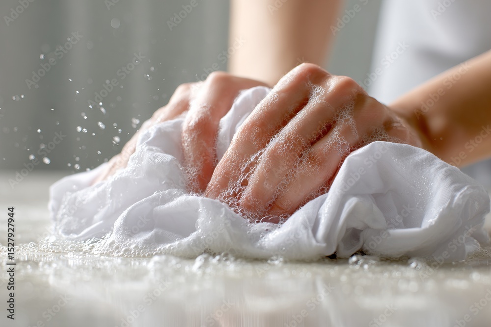 Closeup of woman's hands washing white fabric in soapy water with splashes, emphasizing laundering and stain removal Closeup of woman's hands washing white fabric in soapy water with splashes, emphasizing laundering and stain removal