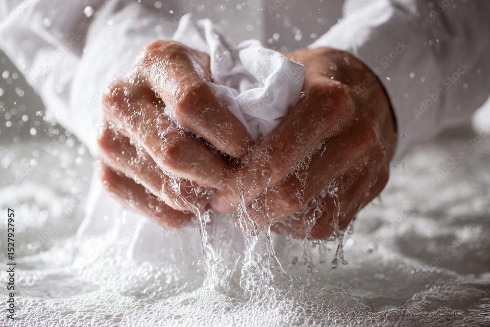 Fototapeta premium Squeezing white cloth in soapy water creating abundant bubbles with a person in a white shirt, emphasizing cleanliness