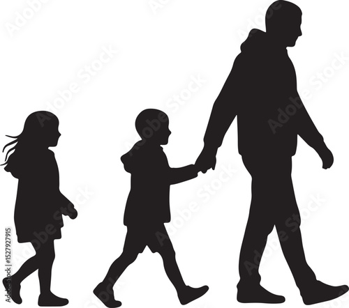 Silhouette of Father Walking with Two Children, Son and Daughter
