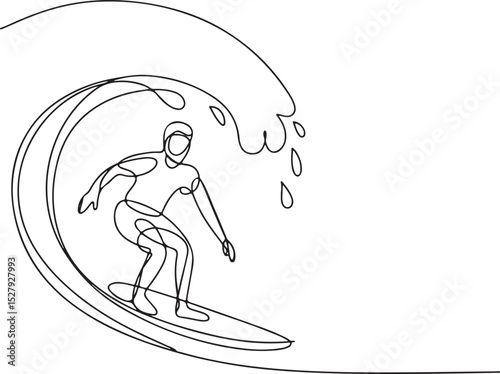 Continuous one line drawing of surfer riding a curling wave performing carving turn in minimalist style


