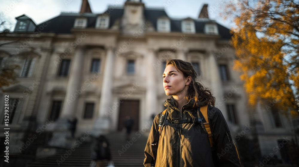 Fototapeta premium Young student with backpack against university building, focused and determined, embodying academic aspirations and future potential.