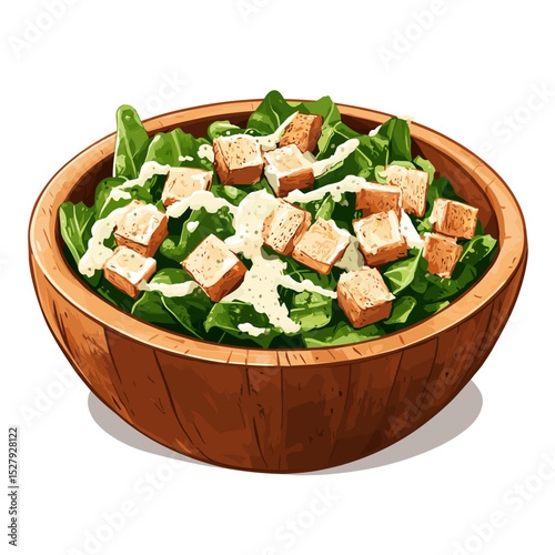 A wooden bowl of creamy caesar salad vector isolated on a white background