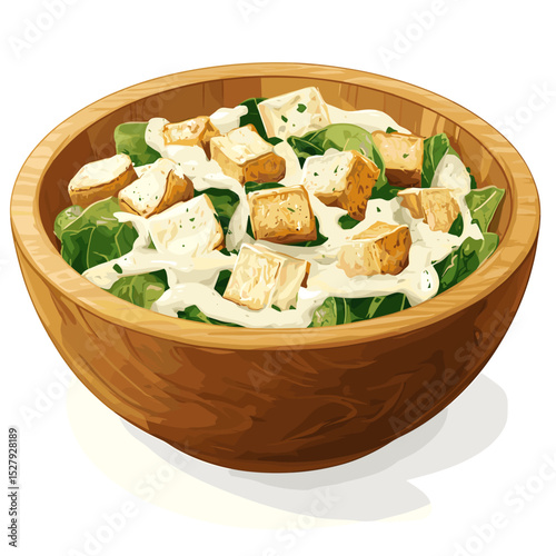 A wooden bowl of creamy caesar salad vector isolated on a white background