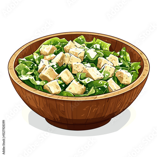 A wooden bowl of creamy caesar salad vector isolated on a white background
