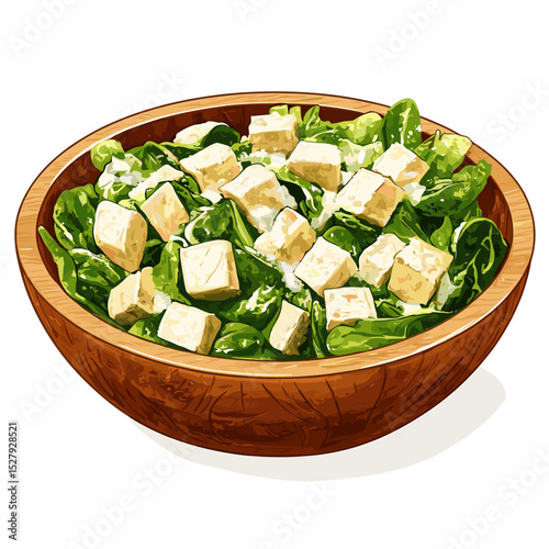 A wooden bowl of creamy caesar salad vector isolated on a white background