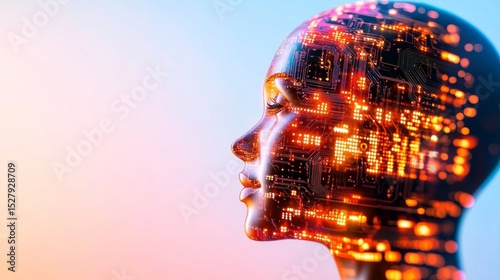 AI Female Portrait: A captivating profile portrait of a female AI, her form composed of glowing circuit boards, hints at the intersection of technology and human-like intelligence.