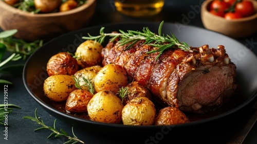 A beautifully roasted piece of meat served with perfectly cooked golden baby potatoes, garnished with fresh herbs, showcasing a delectable meal that invites appetites.