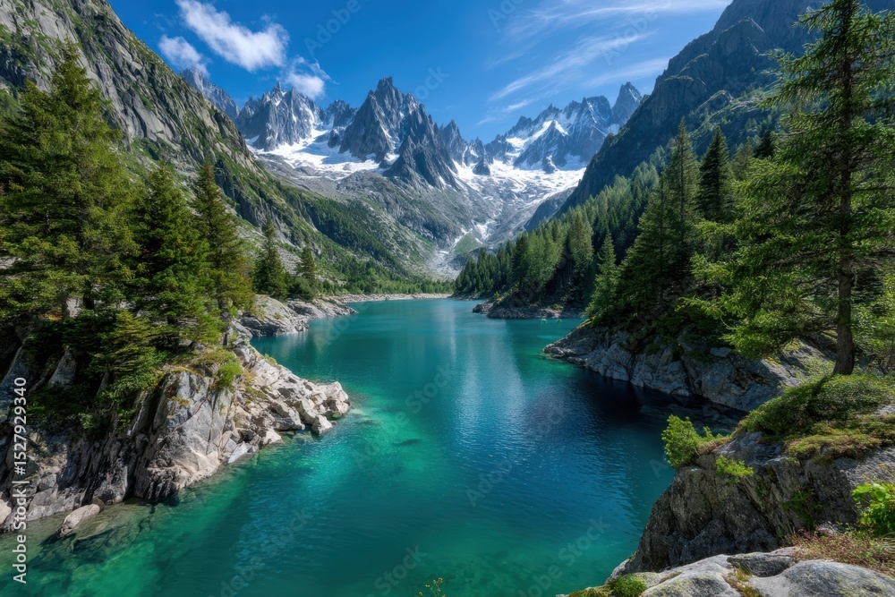 Naklejka premium Majestic mountain landscape featuring tranquil turquoise lake and snowy peaks