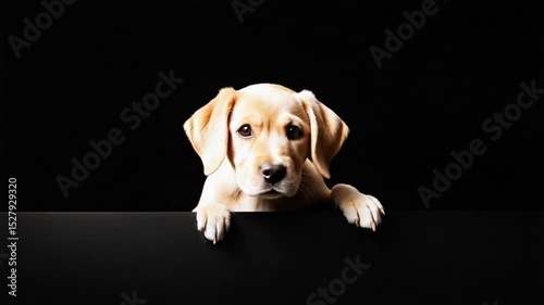 A curious puppy peeking over a black surface, with a minimalist background emphasizing its expression