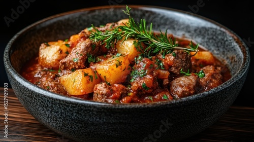 An appetizing bowl of savory beef stew filled with tender chunks of meat, hearty potatoes, and aromatic herbs, ideal for anyone craving a fulfilling homemade meal.