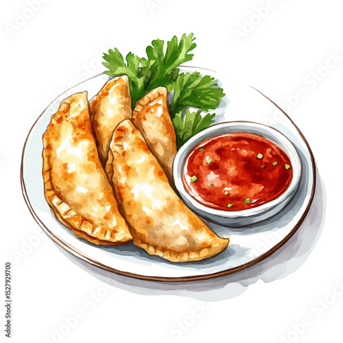Pan-fried Dumplings With Dipping Sauce, watercolor painting vector, high quality, isolated on a white background.