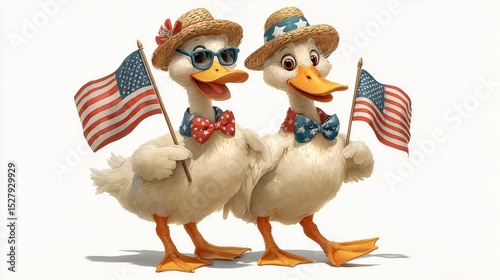 Cute Cartoon Ducks Celebrating Independence Day with American Flags
