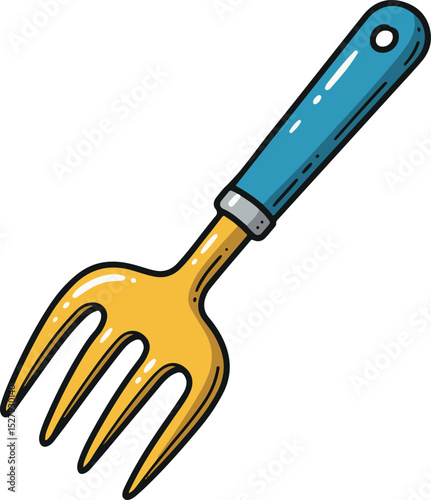 Cartoon Garden Hand Fork with Blue Handle – Gardening Tool Illustration for Farming, Planting, and Outdoor Soil Work

