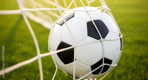A close-up of a black and white soccer ball resting in a goal net, with lush green grass in the background.