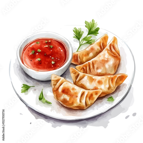 Pan-fried Dumplings With Dipping Sauce, watercolor painting vector, high quality, isolated on a white background.
