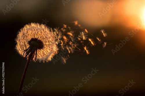 Dandelion seed dispersal at sunset, delicate petals and stem in a dreamy glow, beautiful golden backlight