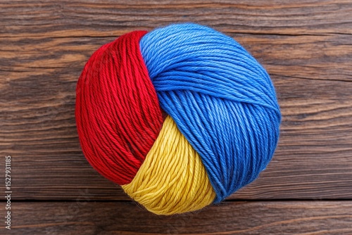 Yarn ball with red, blue, and yellow colors on a wooden background. Knitting or crocheting symbol concept, Top view.