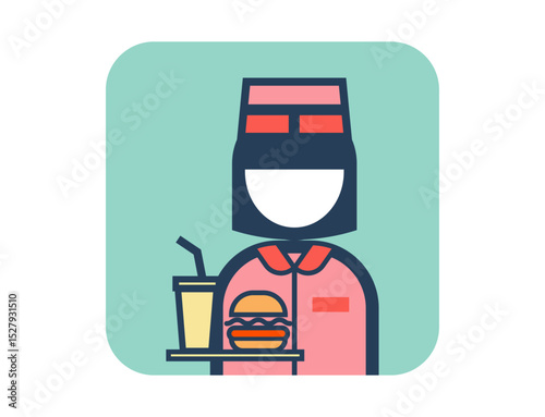 ハンバーガーを持ったファストフード店員のシンプルな四角いカラフルカラーイラストアイコン