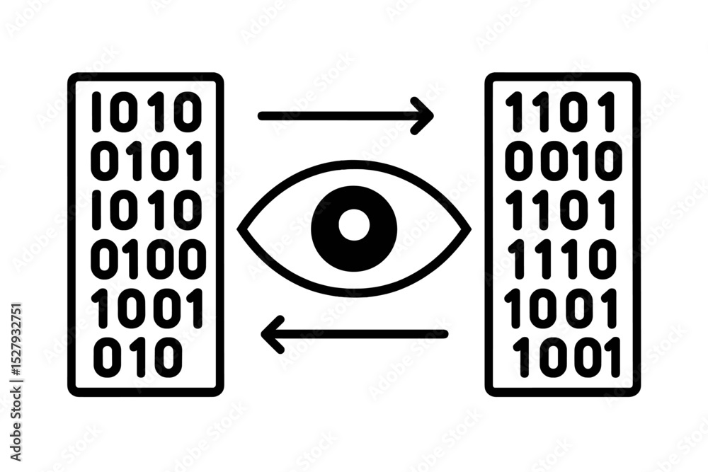 Data analysis and security monitoring with eye visualizing binary code, a cartoon icon for surveillance and privacy